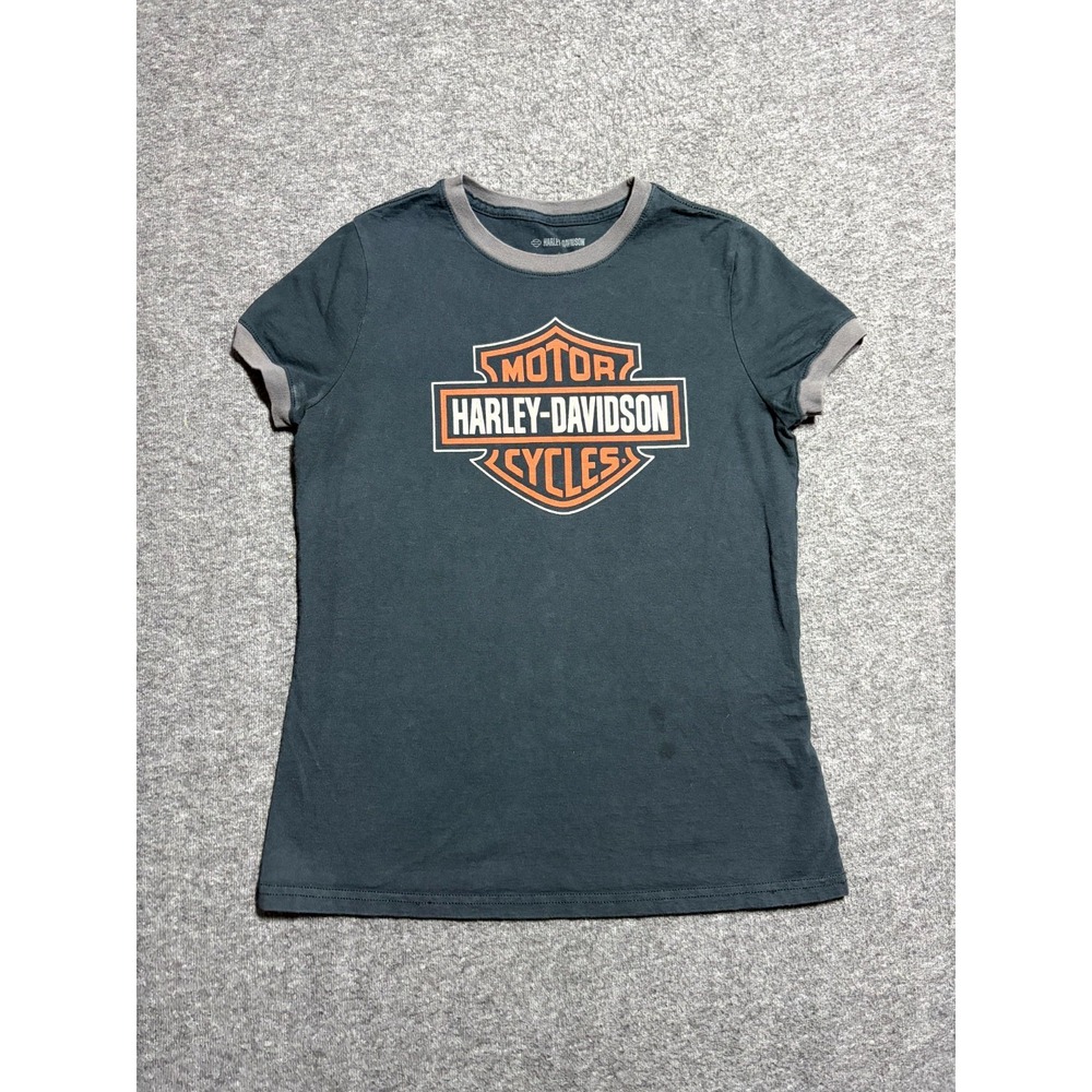 Harley Davidson Bar & Shield Ringer T Shirt Womens Small Black Cotton Graphic